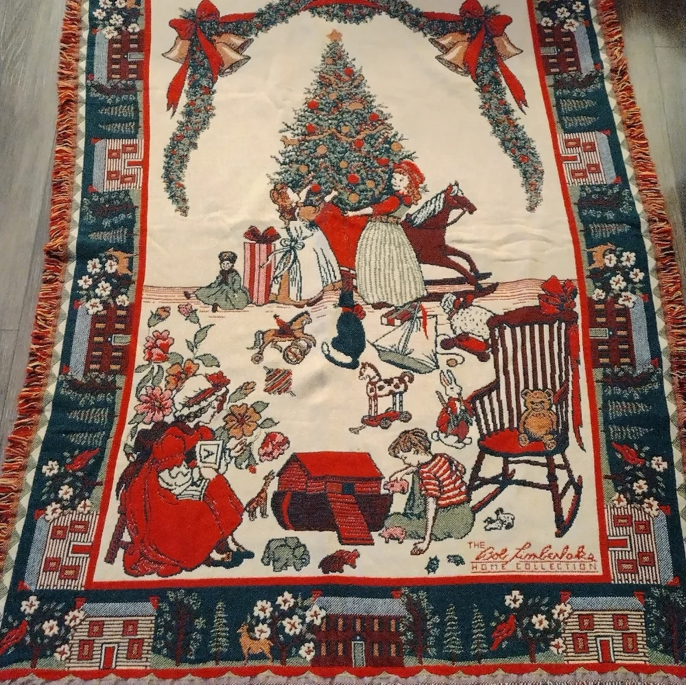 Vintage Bob Timberlake Christmas Family Home Tapestry Thick Throw Blanket 46x68